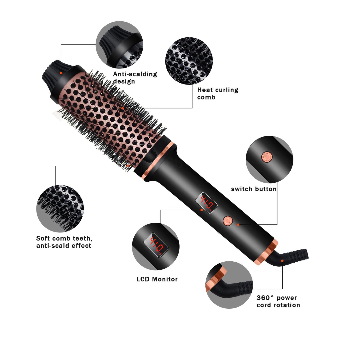 Thermal Brush Heated Curling Brush Ceramic Tourmaline Ionic Curling Iron Volumizing Hot Brush Create Root Volume & Loose Curls,Volume Curls Ceramic Tourmaline Ionic Round Brush Volumizer